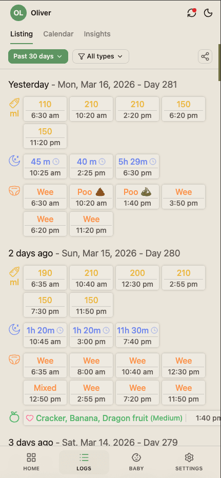 BabyLog feed log list showing breast and bottle feeds with times and durations