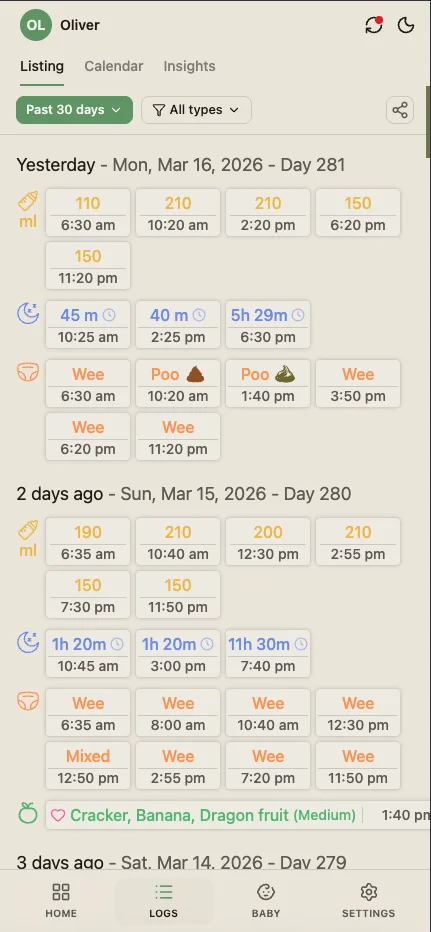 BabyLog log timeline screen