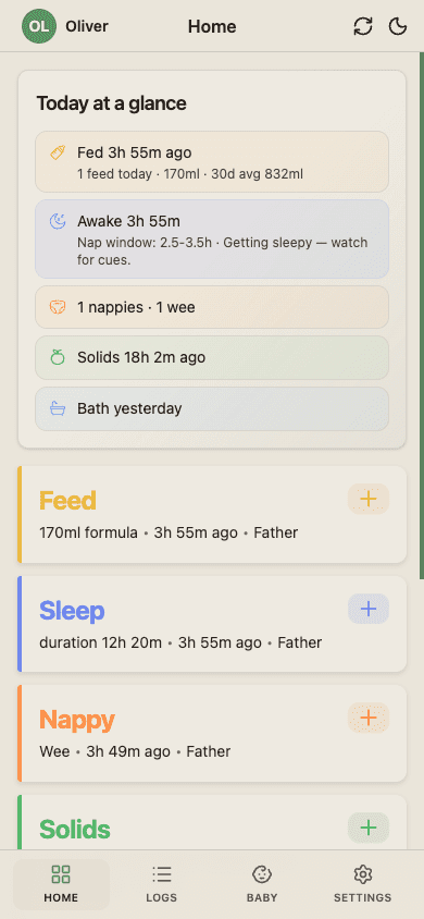 BabyLog overview screen showing nappy count tile alongside feeds and sleep