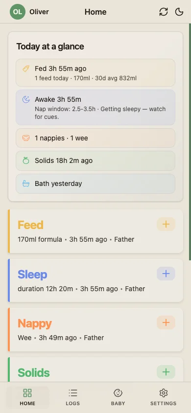 BabyLog overview screen showing today's feeds, sleep and nappy logs