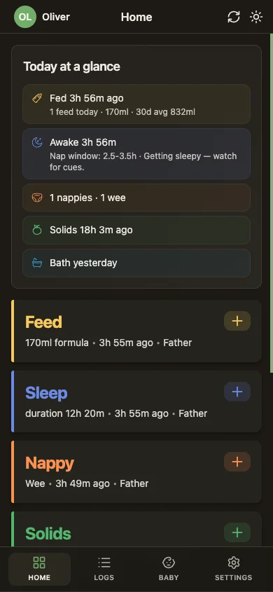 BabyLog overview screen showing today's feeds, sleep and nappy logs