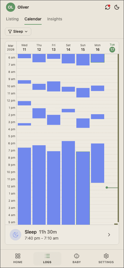 BabyLog weekly overview showing sleep totals and patterns across the week