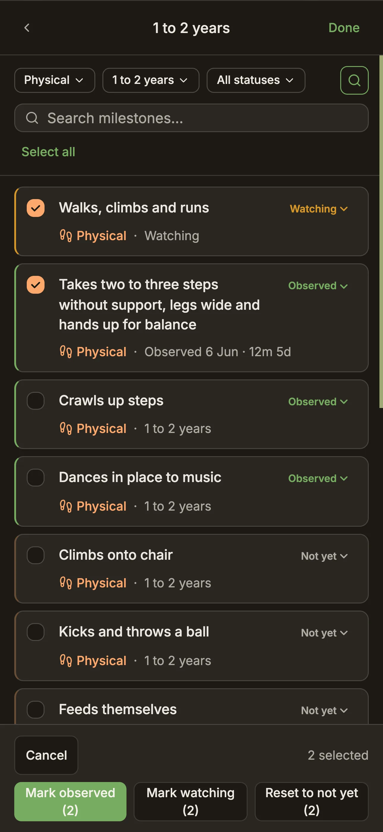 BabyLog bulk milestone editor with two physical milestones selected and status update actions.