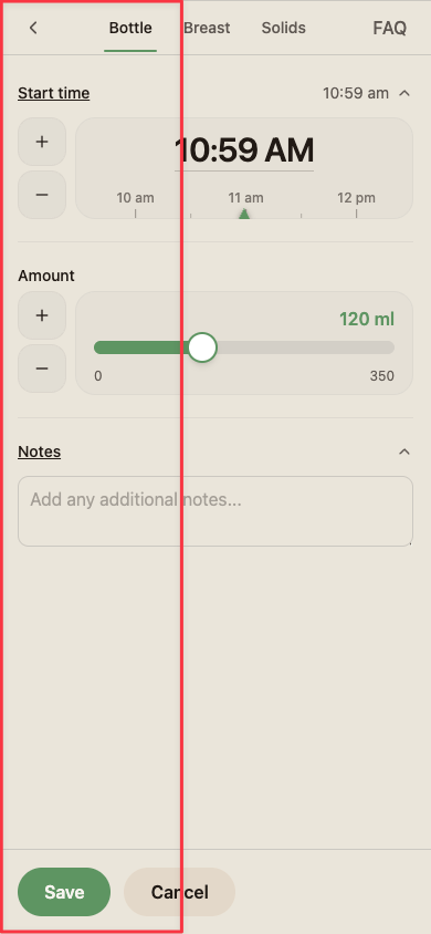 Bottle modal with controls positioned for the left thumb.