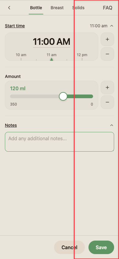 Bottle modal with controls positioned for the right thumb.