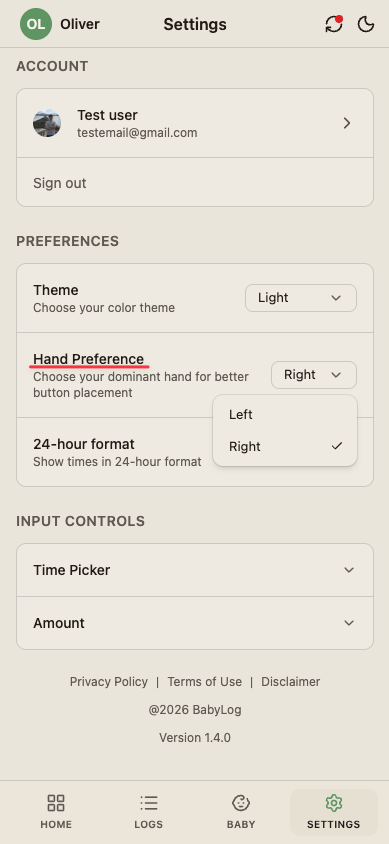 Hand preference setting page with left/right toggles.