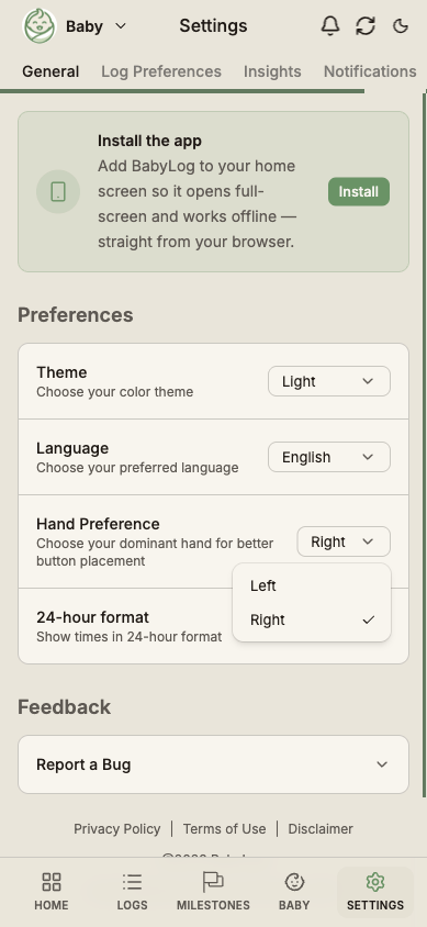 Hand preference setting page with left/right options.
