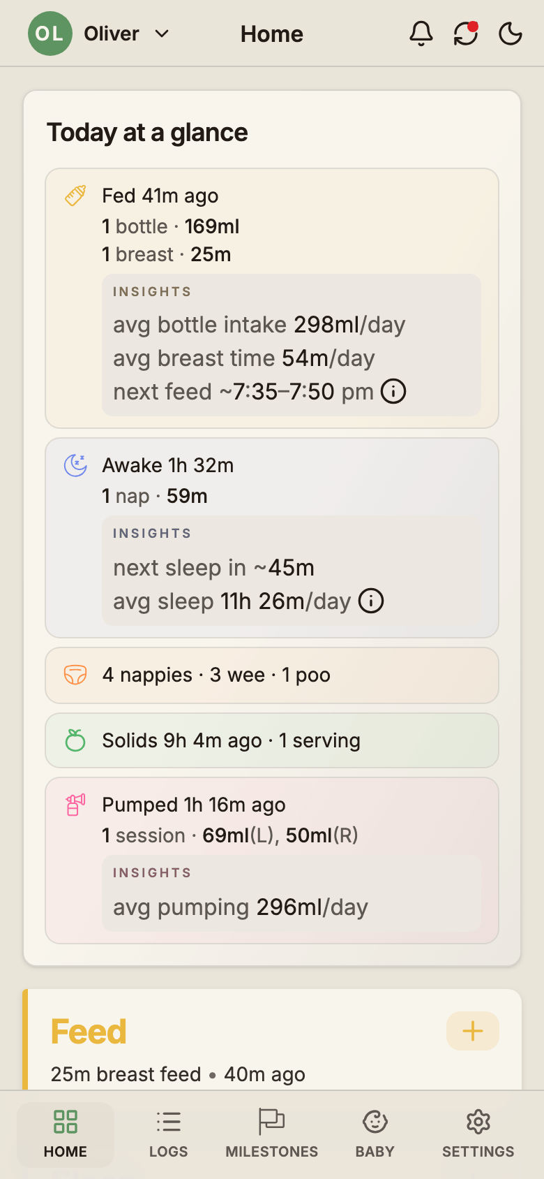 BabyLog Home 'Today at a glance' card. Plain facts on each row, with a small INSIGHTS line underneath showing the baby's own averages.