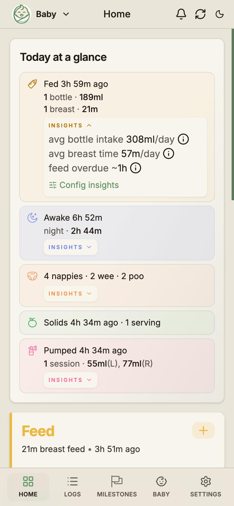 BabyLog Home 'Today at a glance' card. Plain facts on each row, with a small INSIGHTS line underneath showing the baby's own averages.