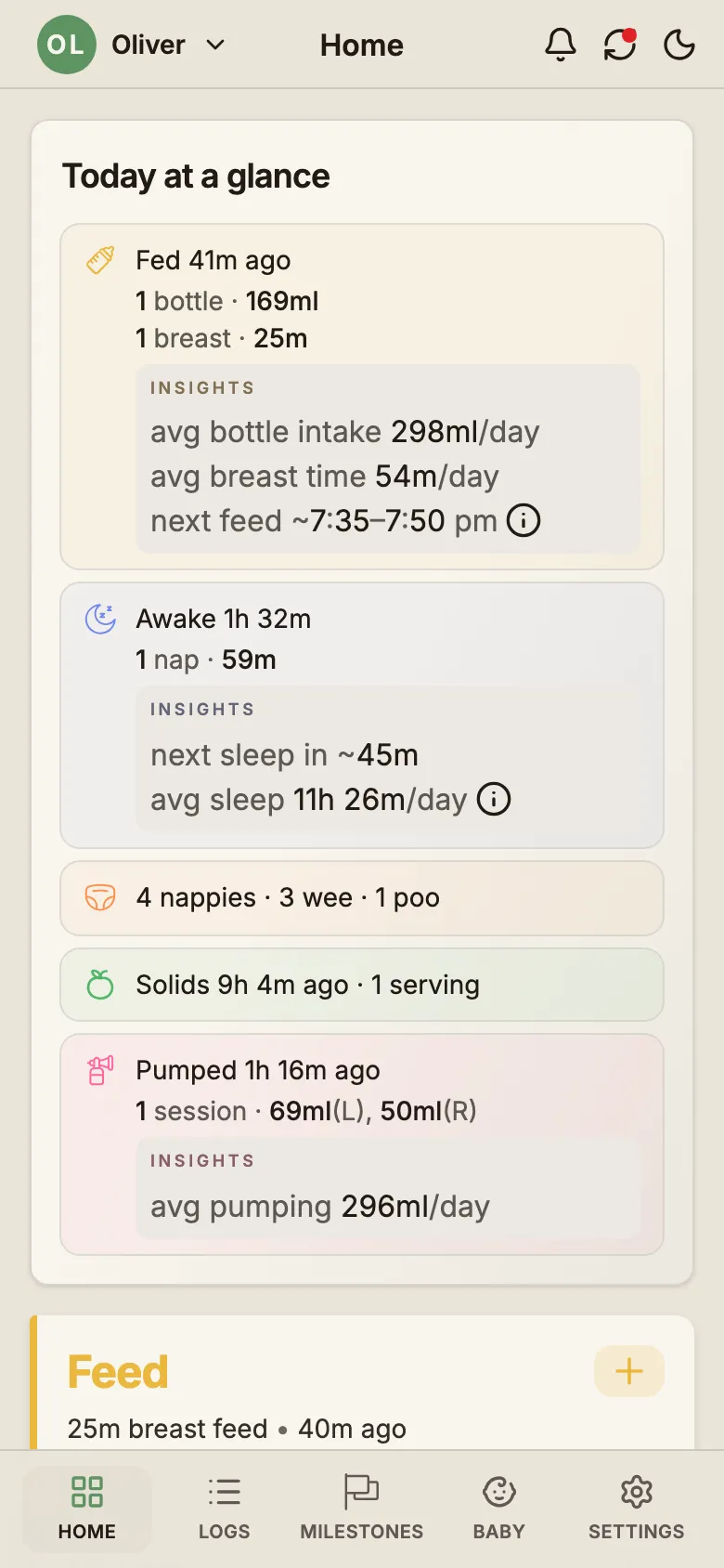 BabyLog Home showing Insights beneath feed, sleep and nappy facts
