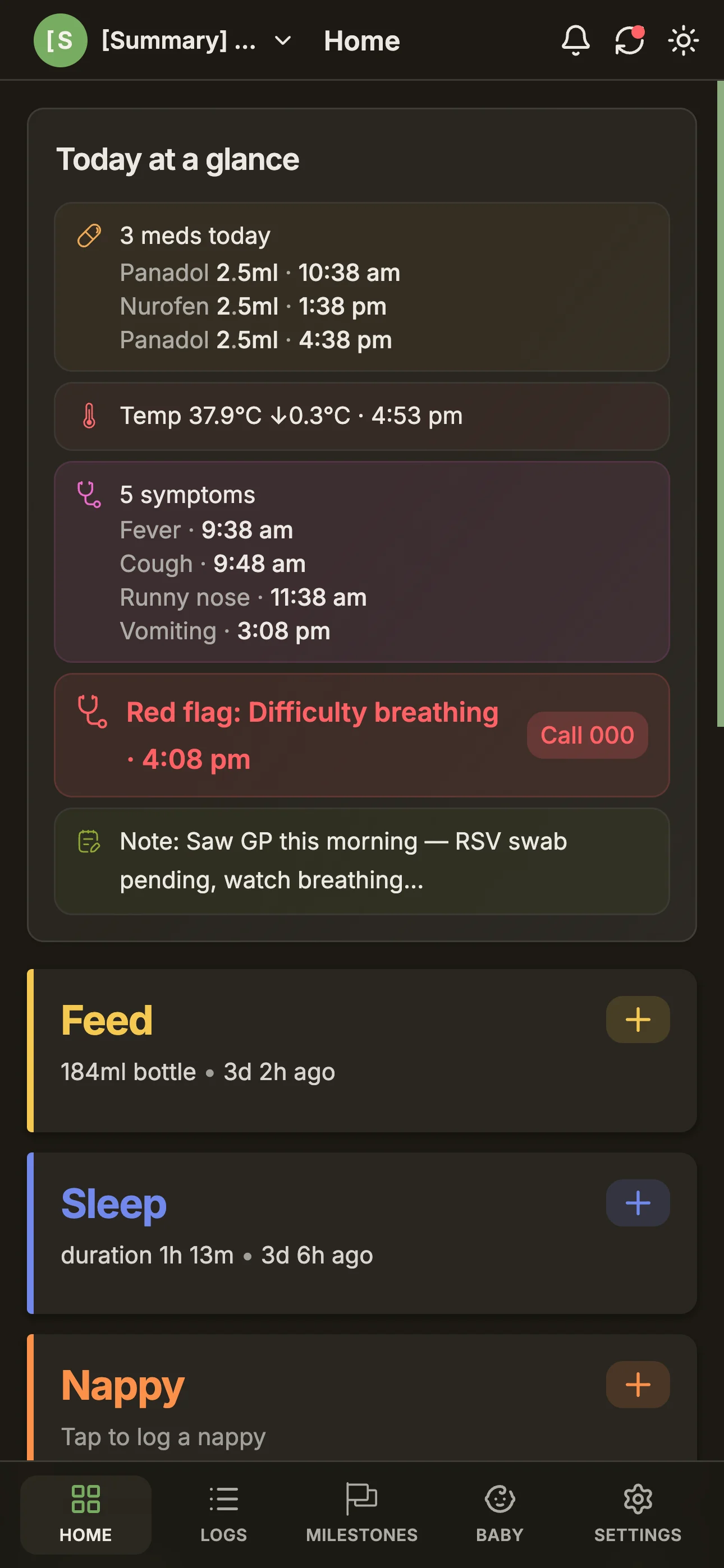 On a sick day, Today at a glance gathers the medicines, temperatures, symptoms, any red flag and your notes in one place.