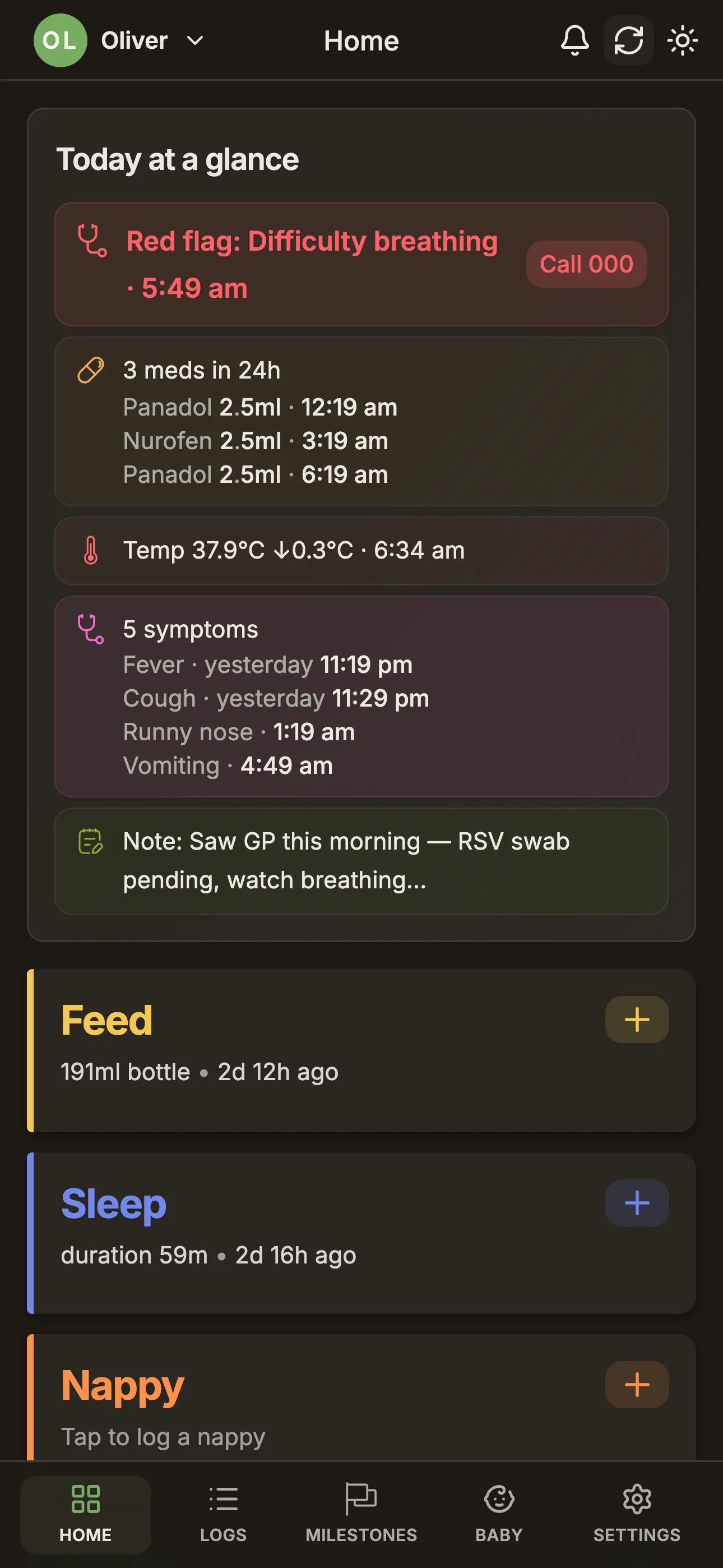 On a sick day, Today at a glance gathers the medicines, temperatures, symptoms, any red flag and your notes in one place.