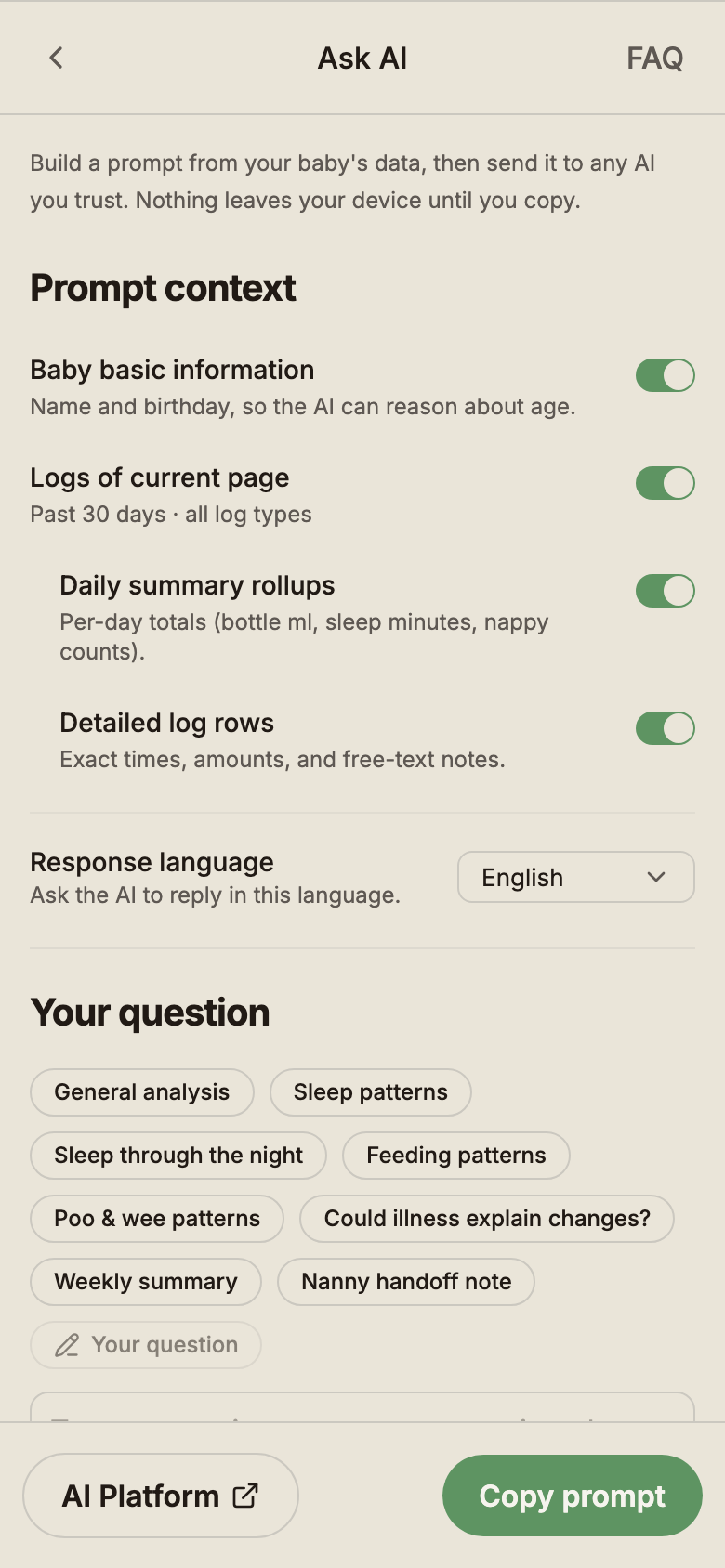 BabyLog's Ask AI modal: toggles for baby info, logs of the current page, daily rollups, and detailed rows; a response-language dropdown; quick-question chips; and Copy prompt / Open in AI platform actions.