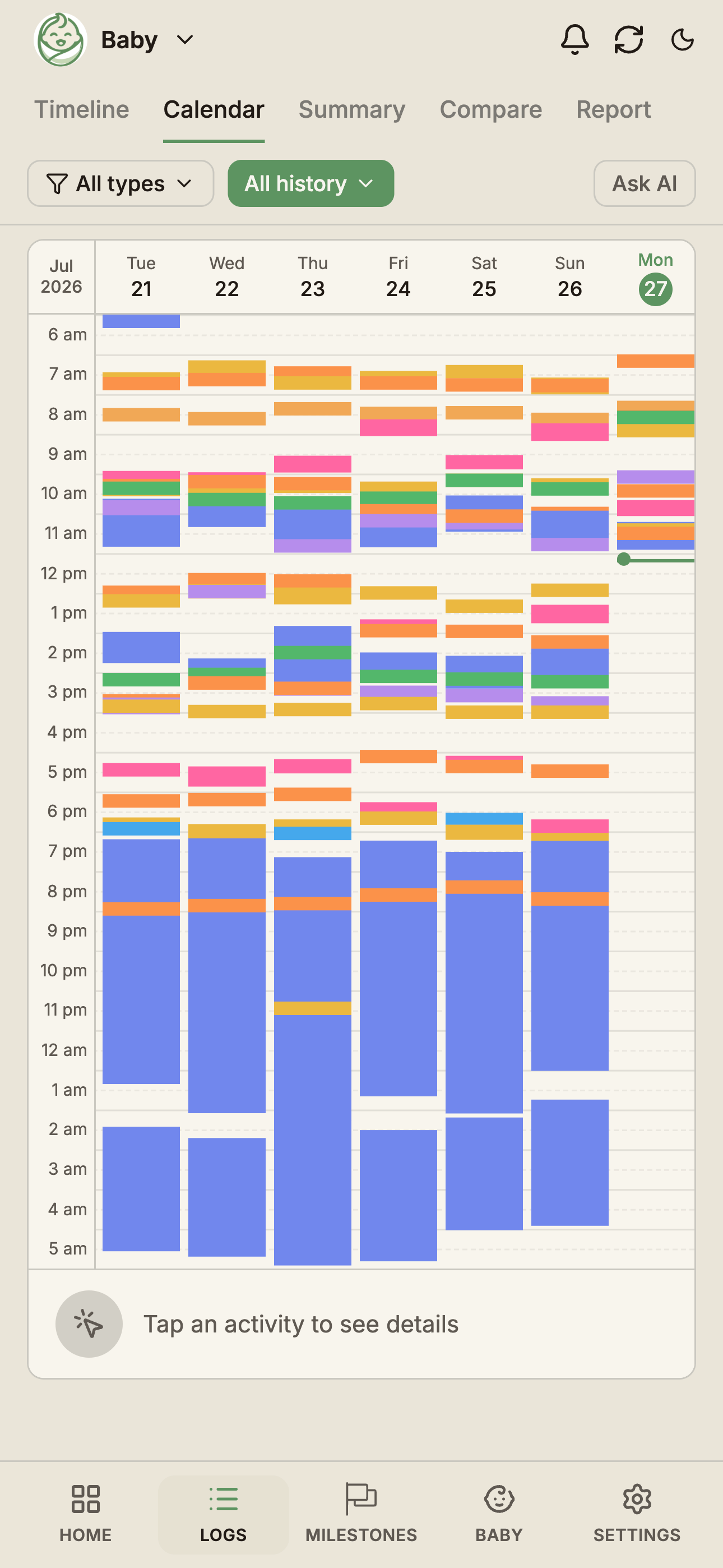 BabyLog calendar view showing a week of colour-coded activity