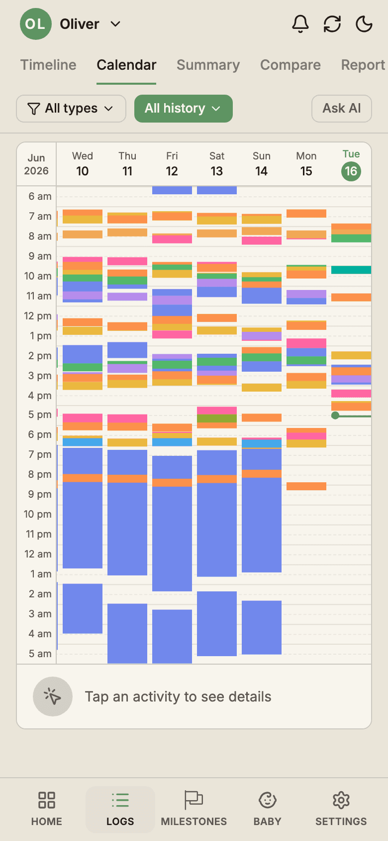 BabyLog calendar view showing a week of colour-coded activity