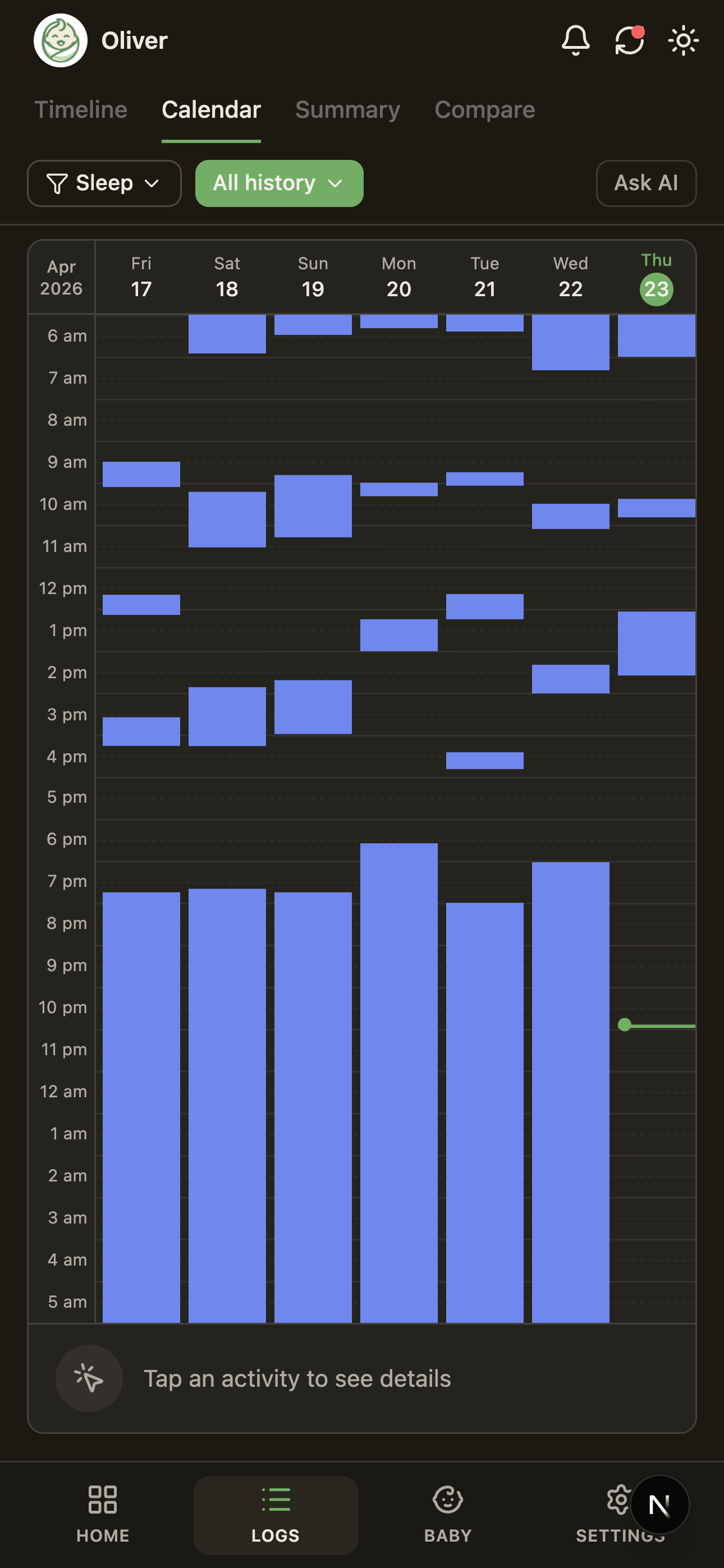 Calendar week filtered to sleep only — sleep blocks shown vertically across days.