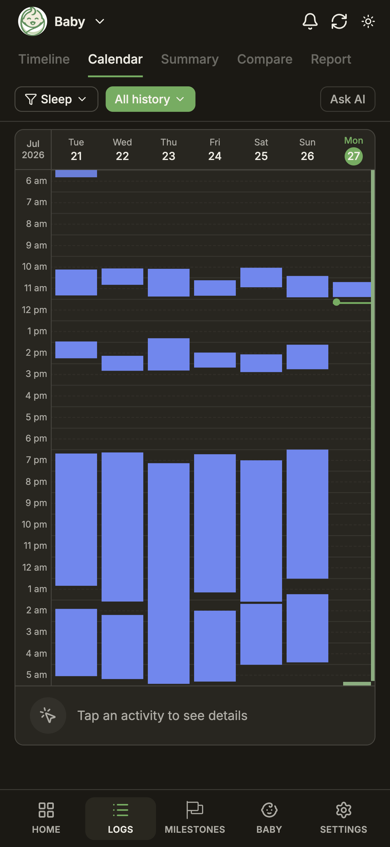 Calendar week filtered to sleep only — sleep blocks shown vertically across days.