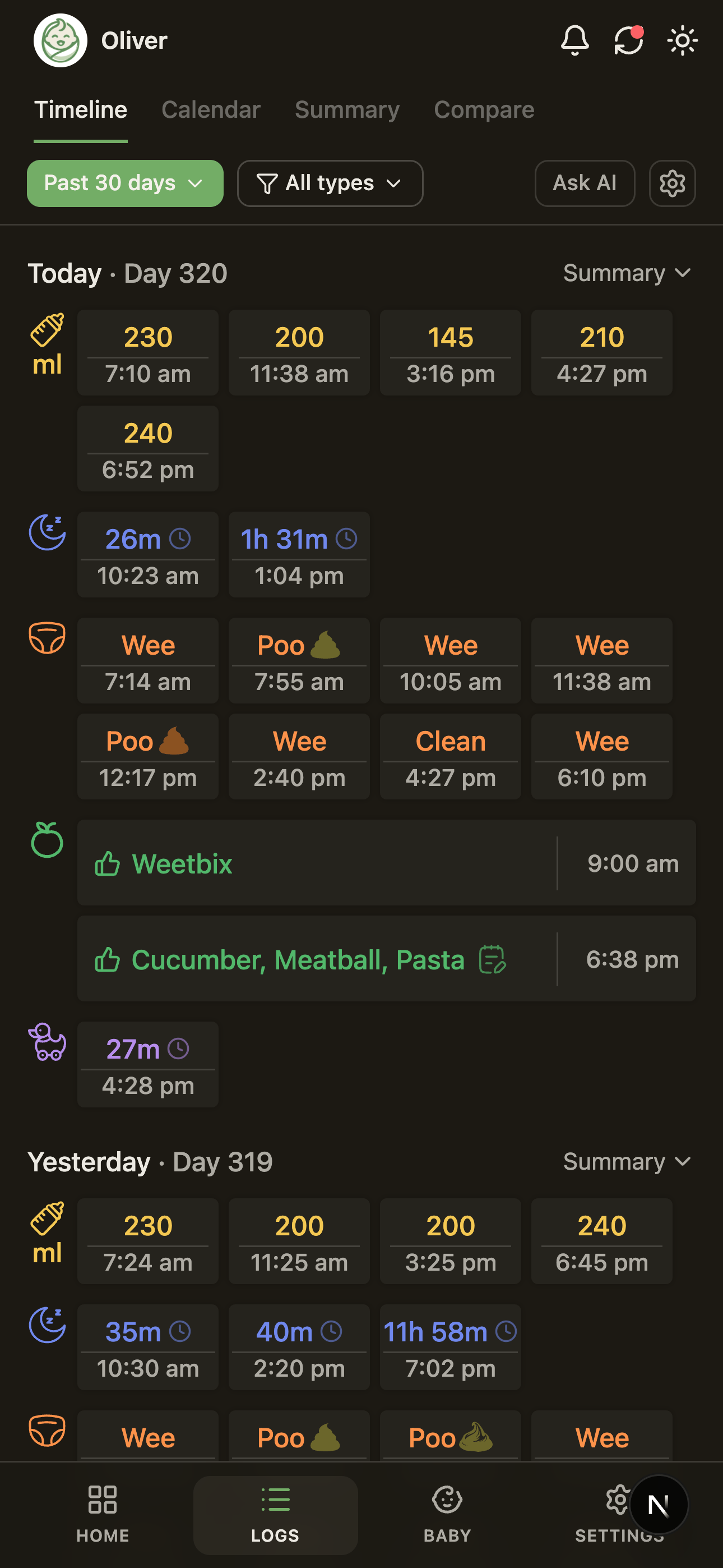BabyLog timeline in dark mode showing colour-coded activity cards across a full day.