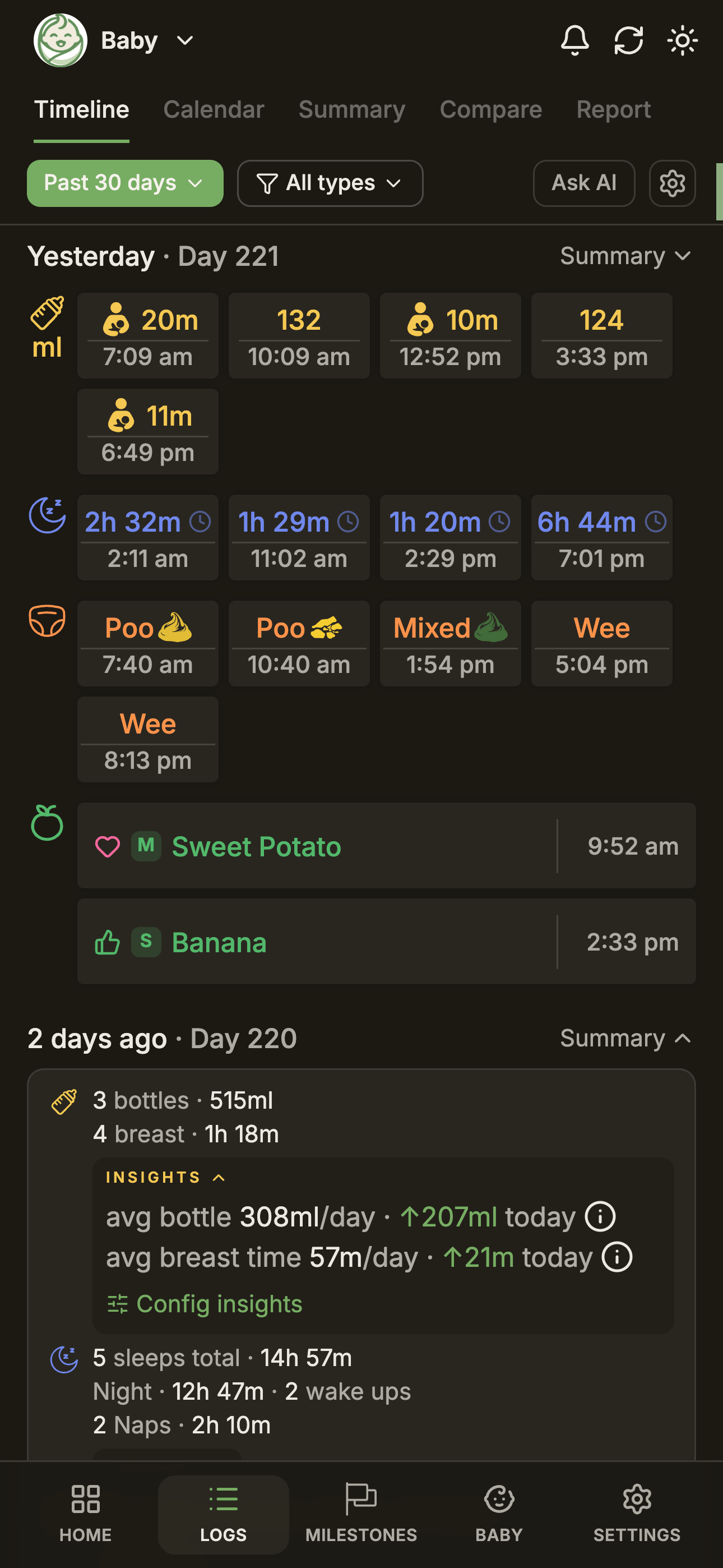 BabyLog timeline in dark mode showing colour-coded activity cards across a full day.