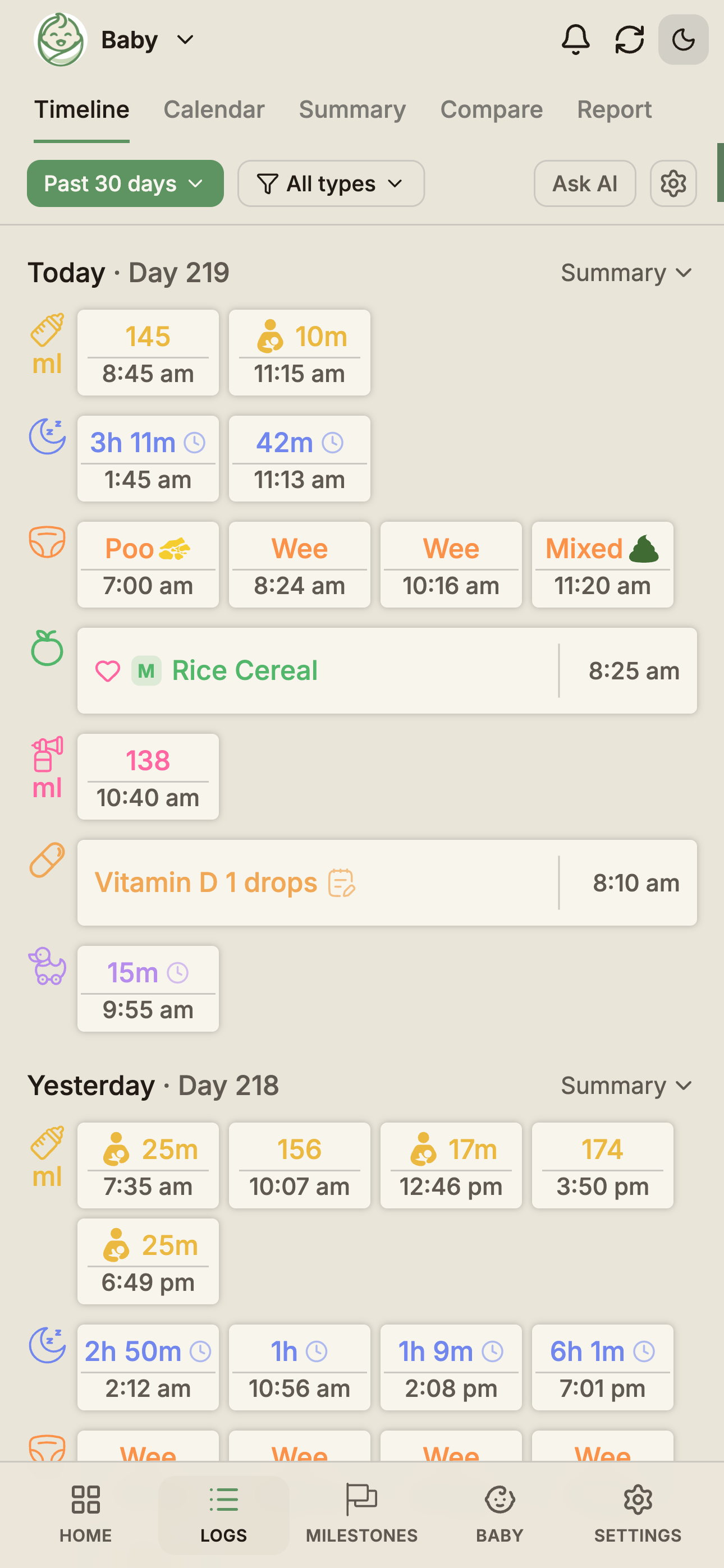 BabyLog colour-coded activity timeline grouped by day