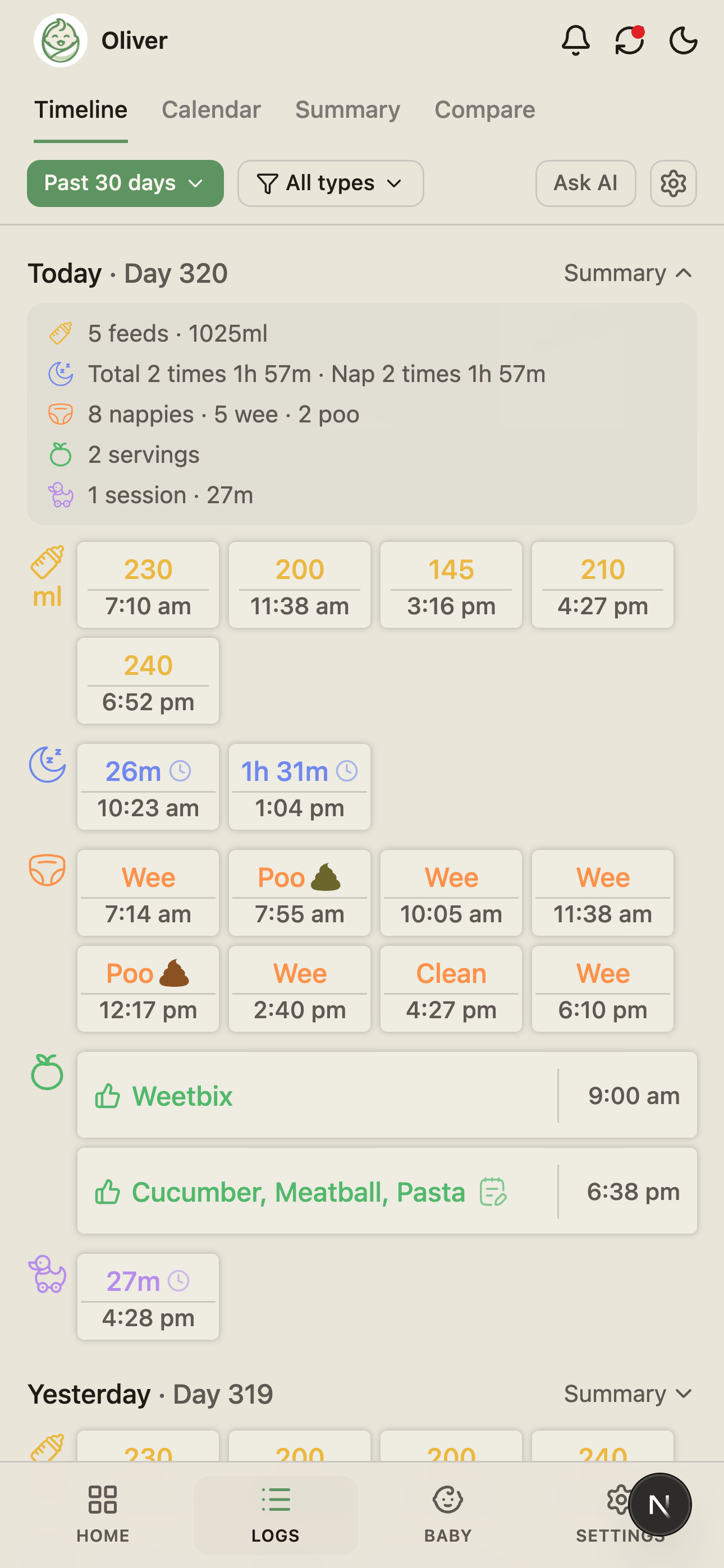 Timeline day header expanded into a daily summary with feed, sleep and nappy totals.