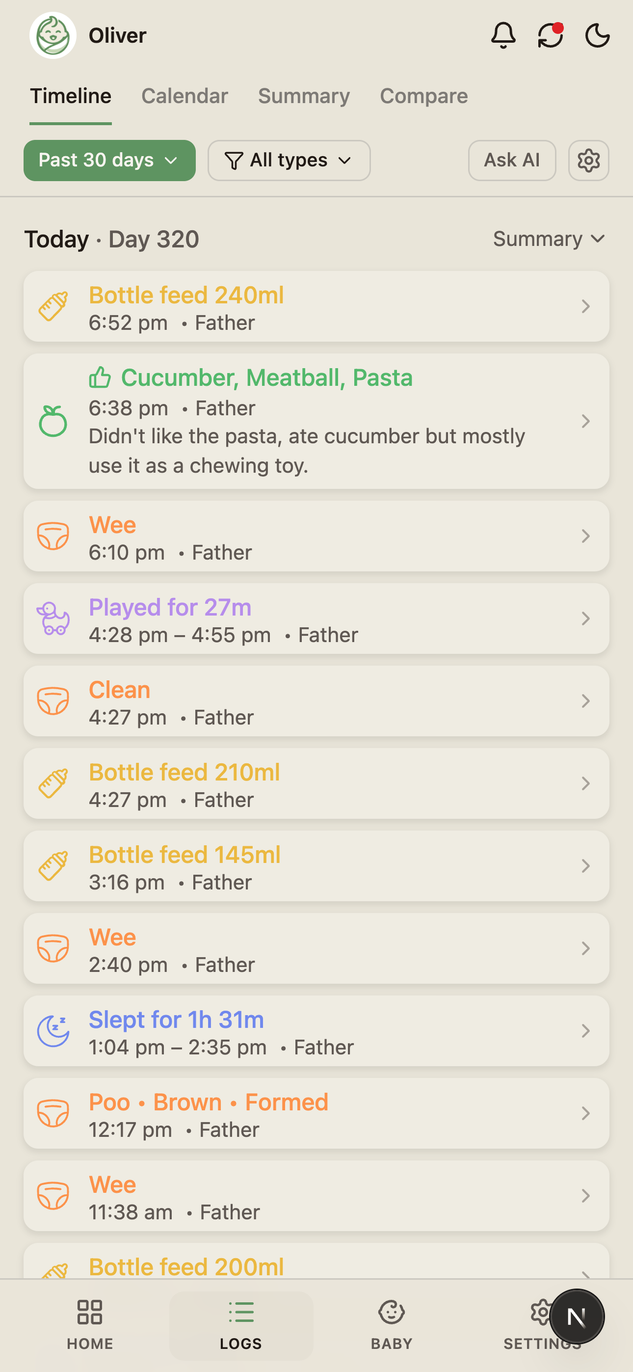 Timeline view in List layout — a denser one-line-per-log style.
