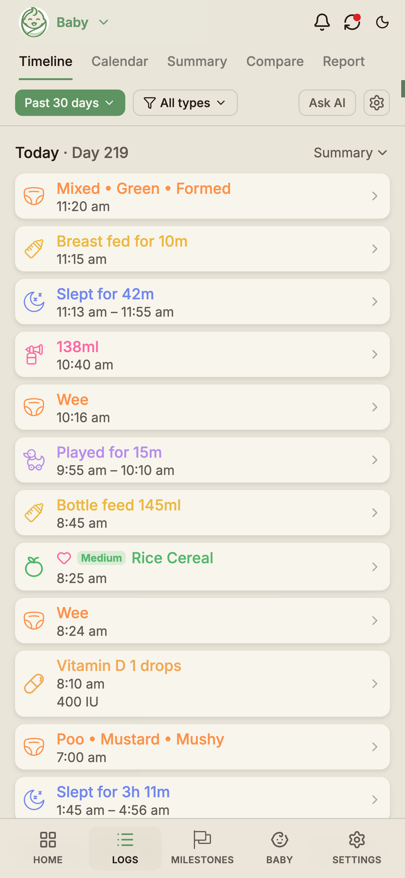 Timeline view in List layout — a denser one-line-per-log style.