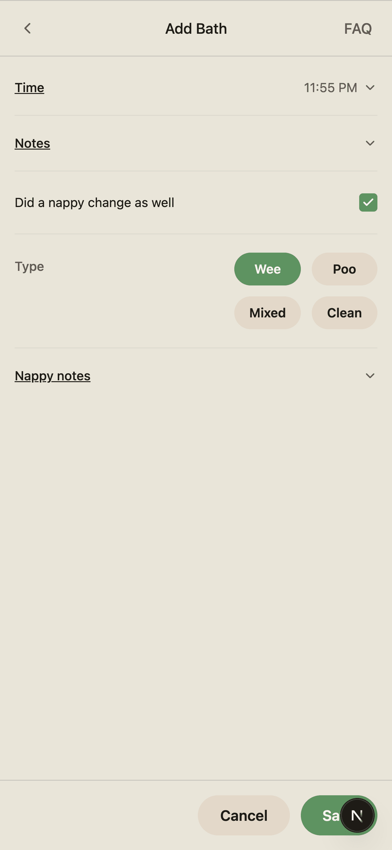 BabyLog bath log modal with time and notes
