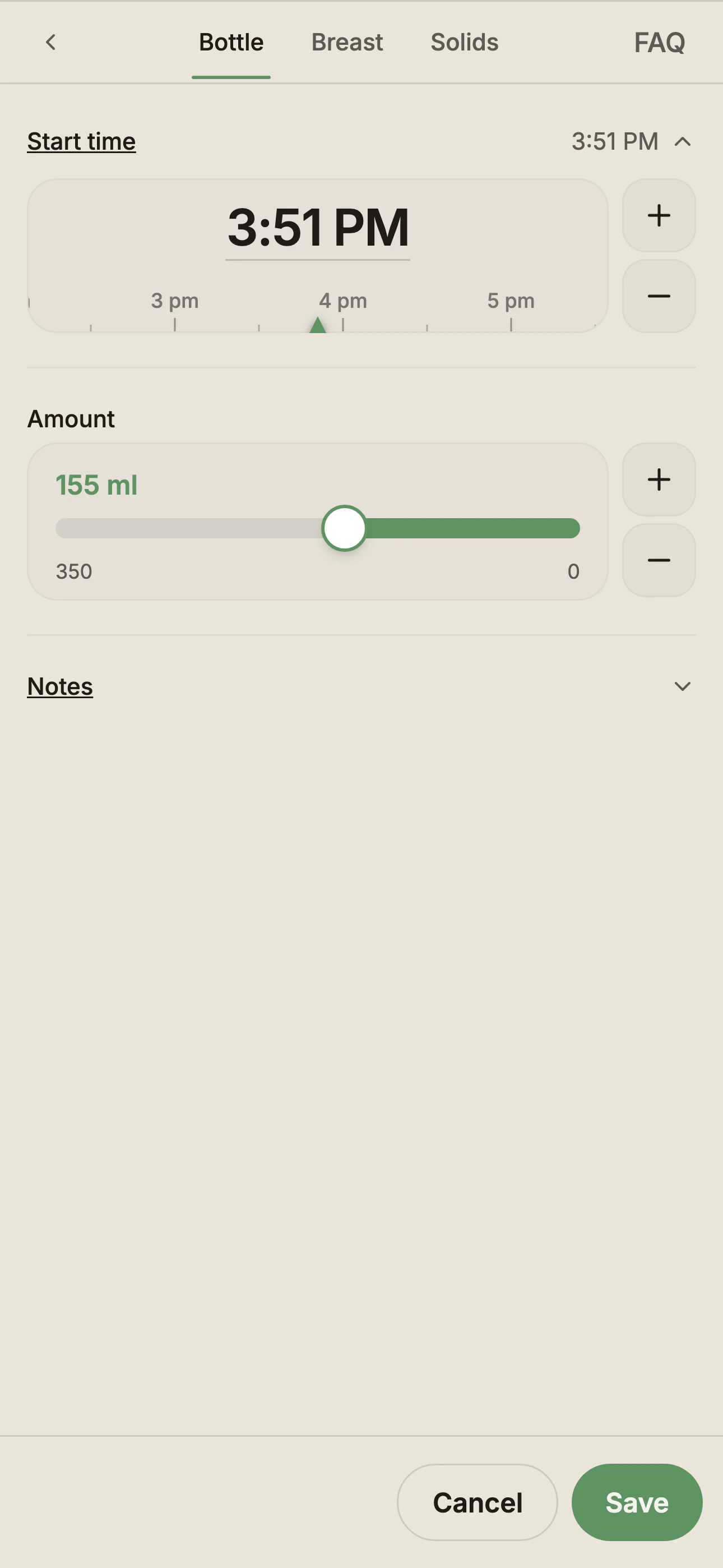 BabyLog bottle feed screen with the start time picker open above an amount slider