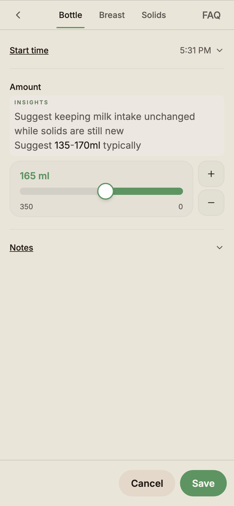 Bottle feed modal showing volume input in millilitres.
