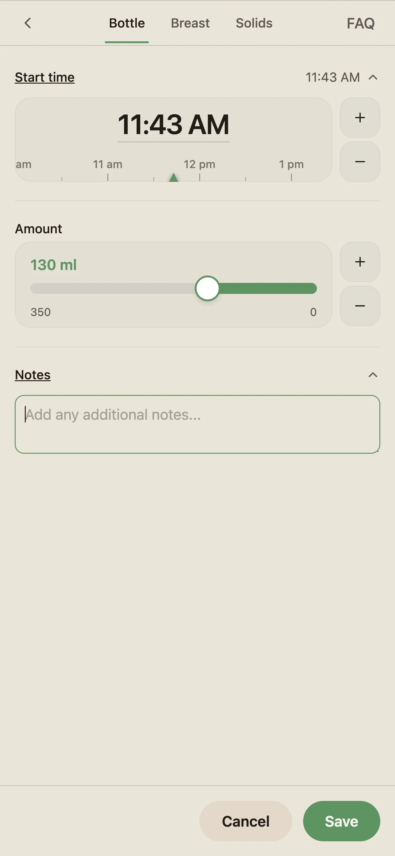 Logging a bottle feed in BabyLog with a pre-filled time and amount