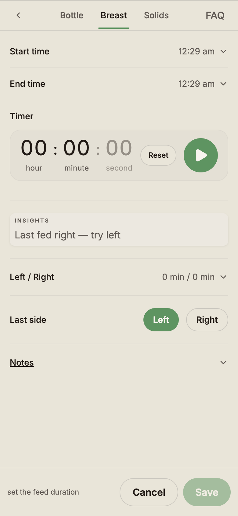 Breast feed modal showing left/right side selection and minute duration per side.