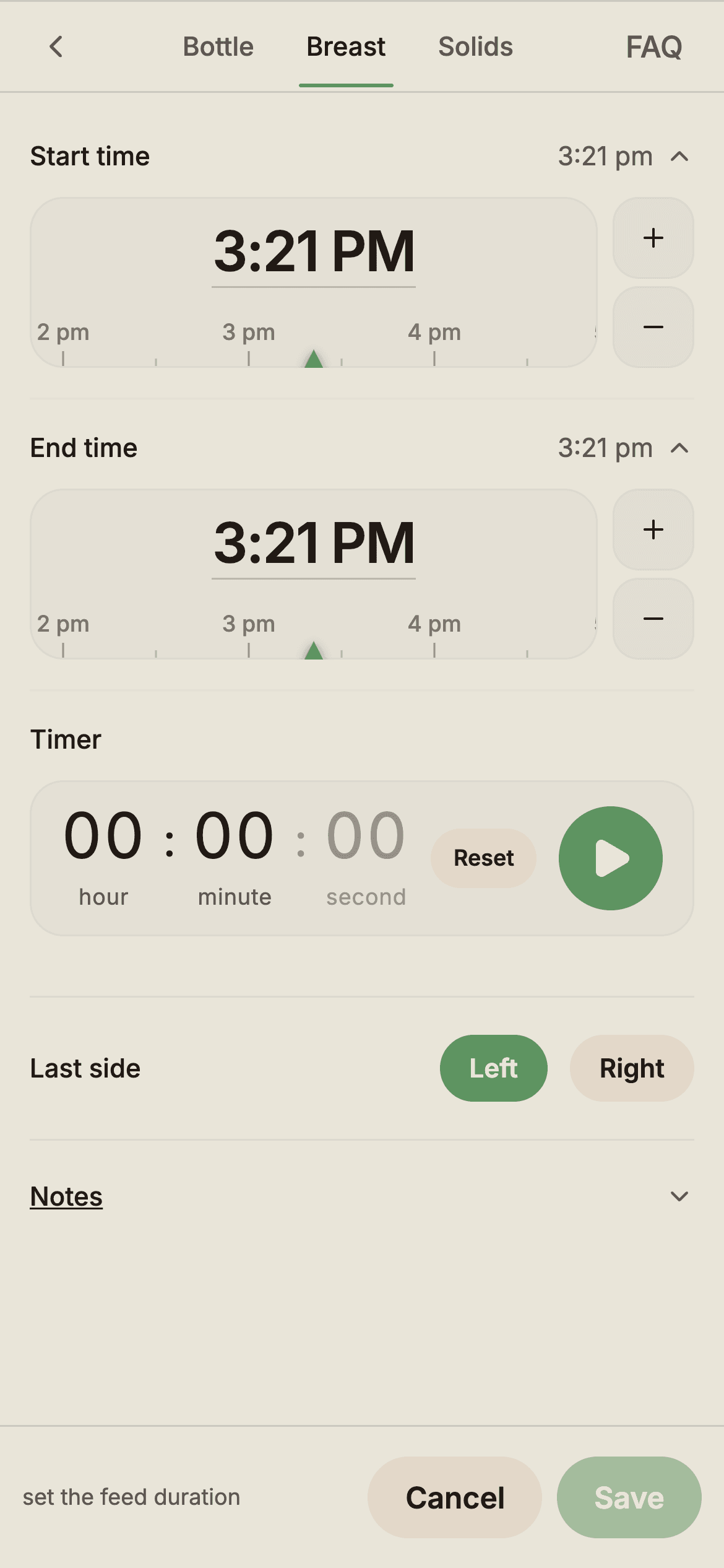 BabyLog breastfeeding log modal with left and right side selection
