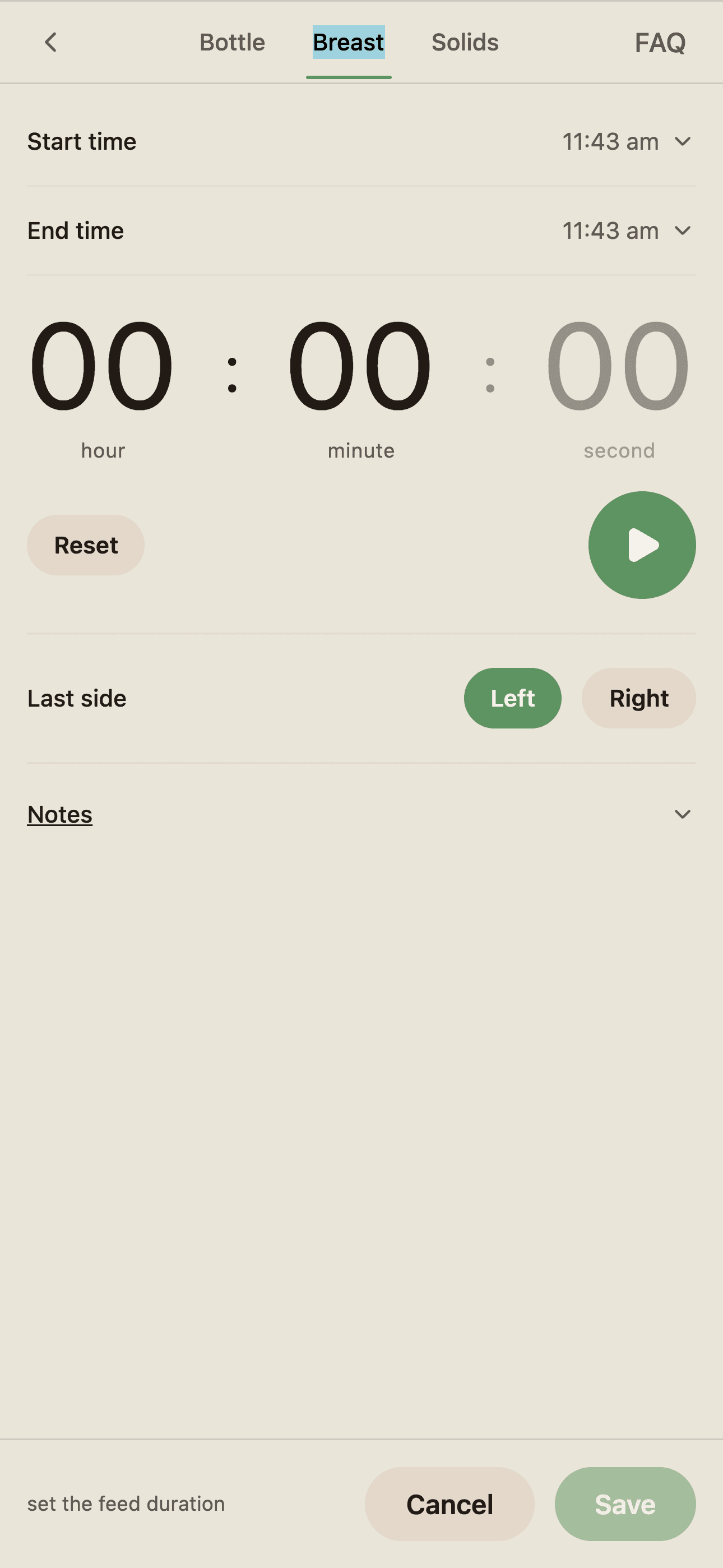 BabyLog breast feed log modal with left/right side and timer controls