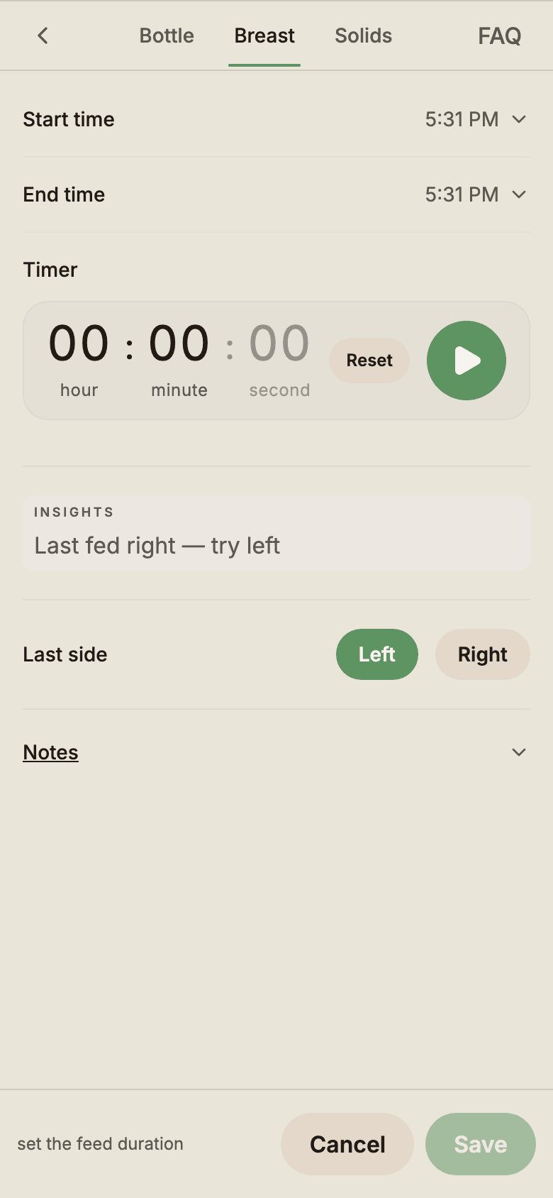 BabyLog feed log modal showing breast and bottle options