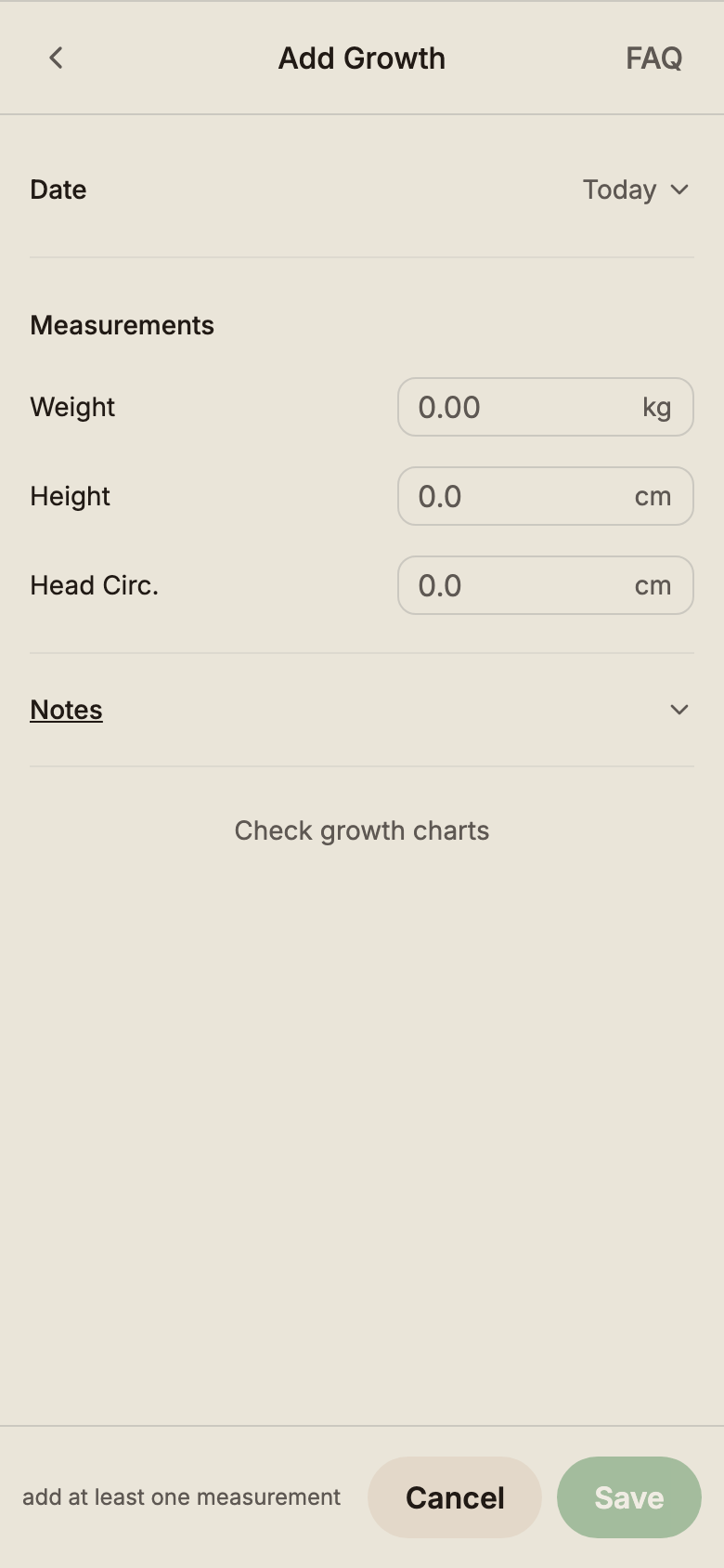 Growth modal showing weight, height, and head circumference inputs.