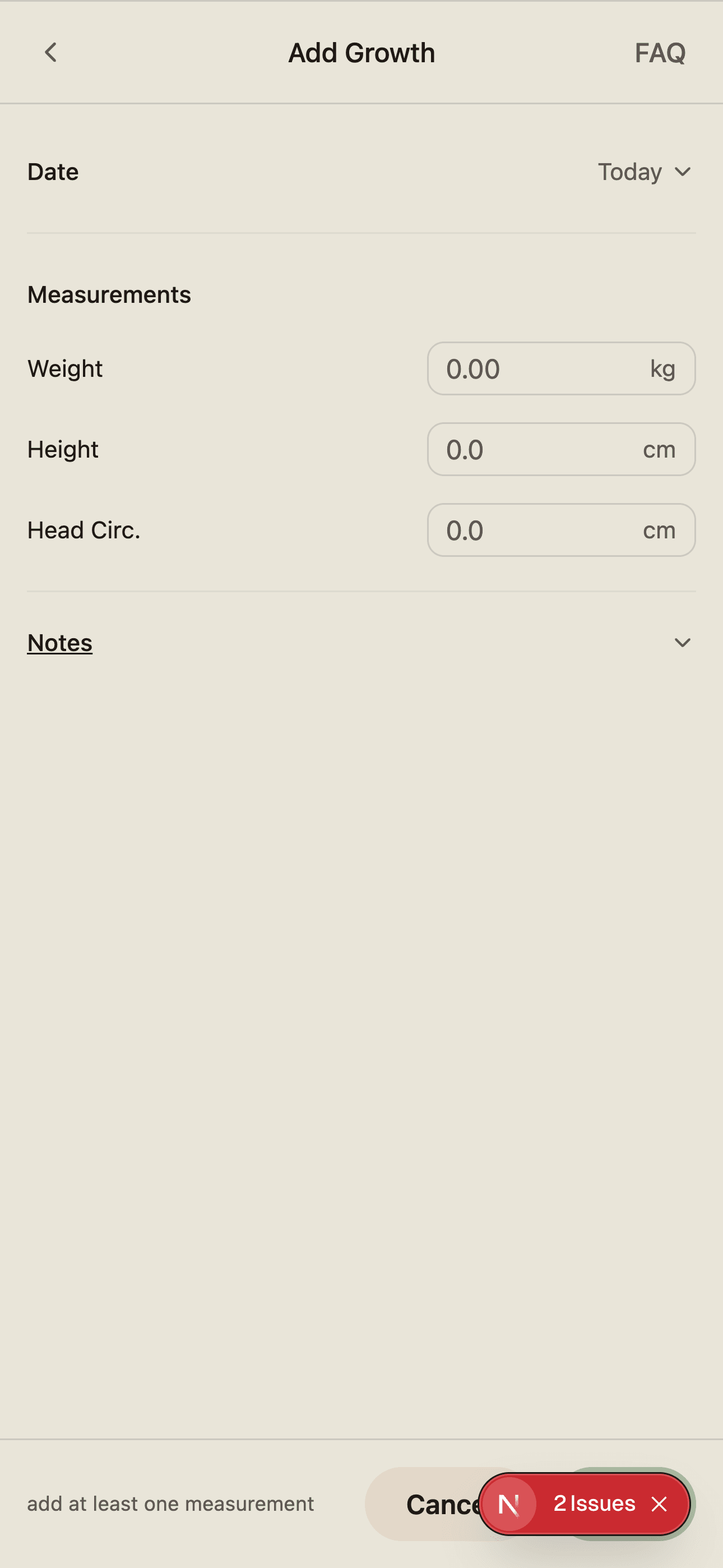 BabyLog growth log modal for weight, height, and head circumference