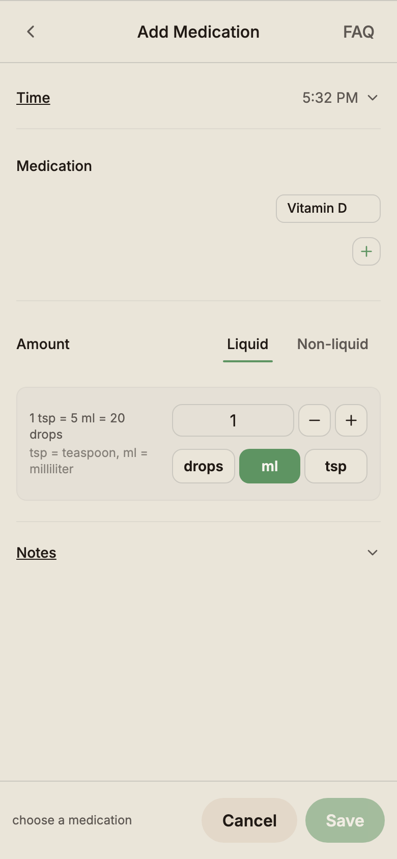 Medication modal showing name, dose amount, and unit.