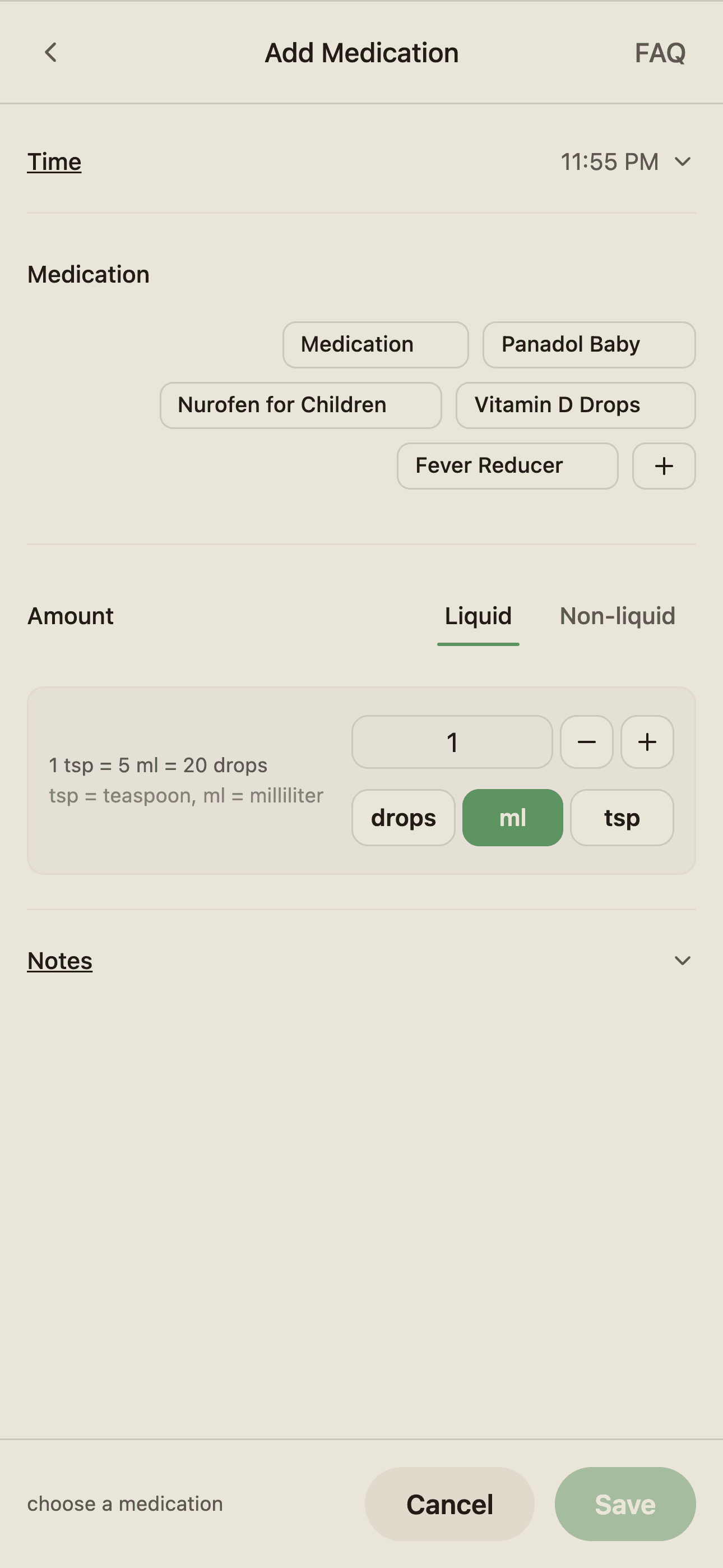 BabyLog medication log modal with name, amount, and time