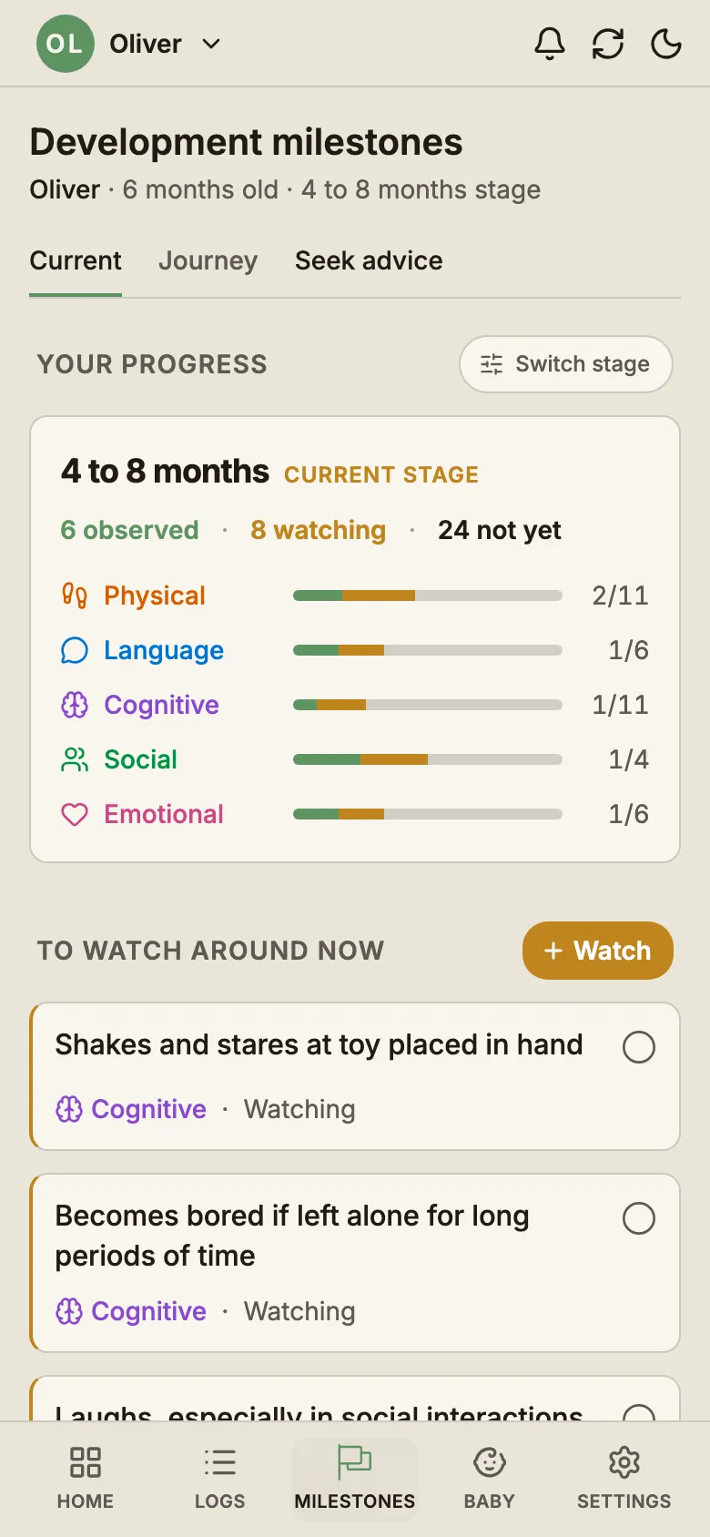 BabyLog milestones screen showing the five development areas and the milestones to watch.