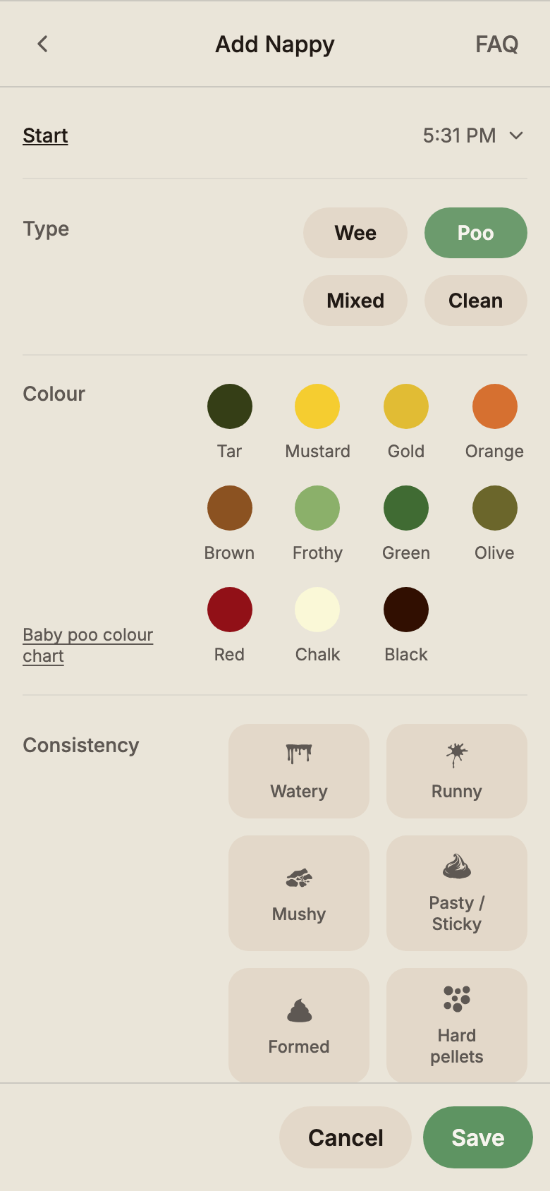 Nappy modal showing type, colour, and consistency selectors.