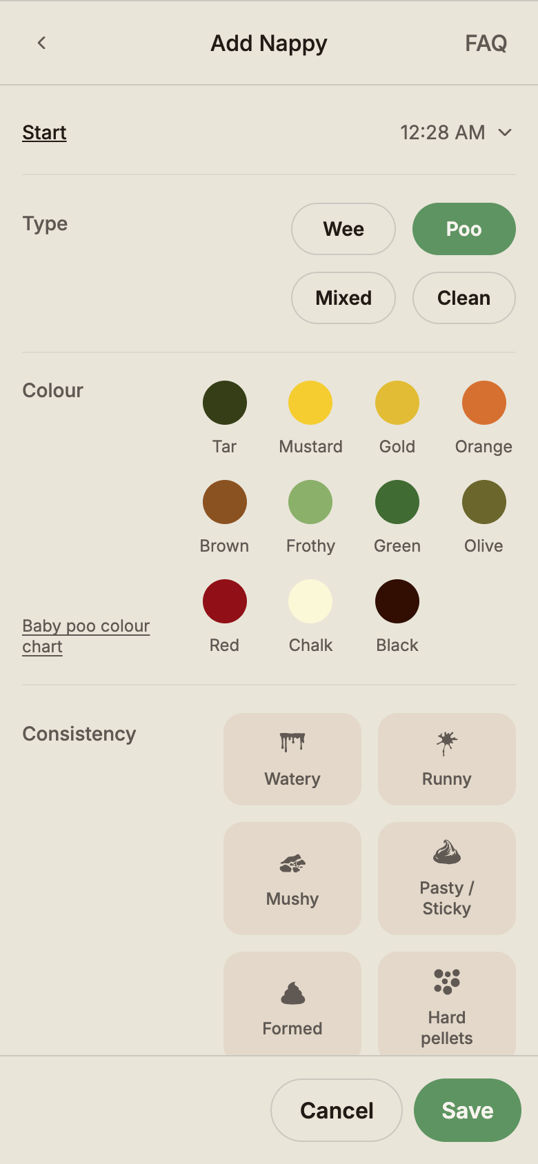 Nappy modal showing type, colour, and consistency selectors.
