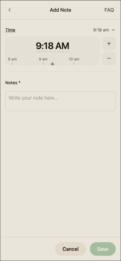 BabyLog notes modal with free-form text and time