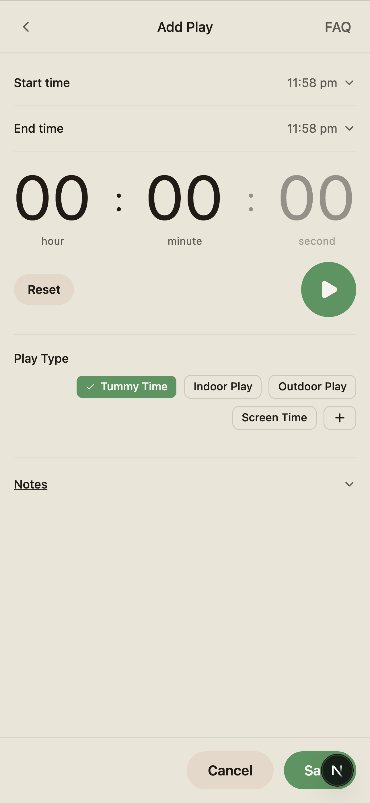 Play modal showing activity type selector.