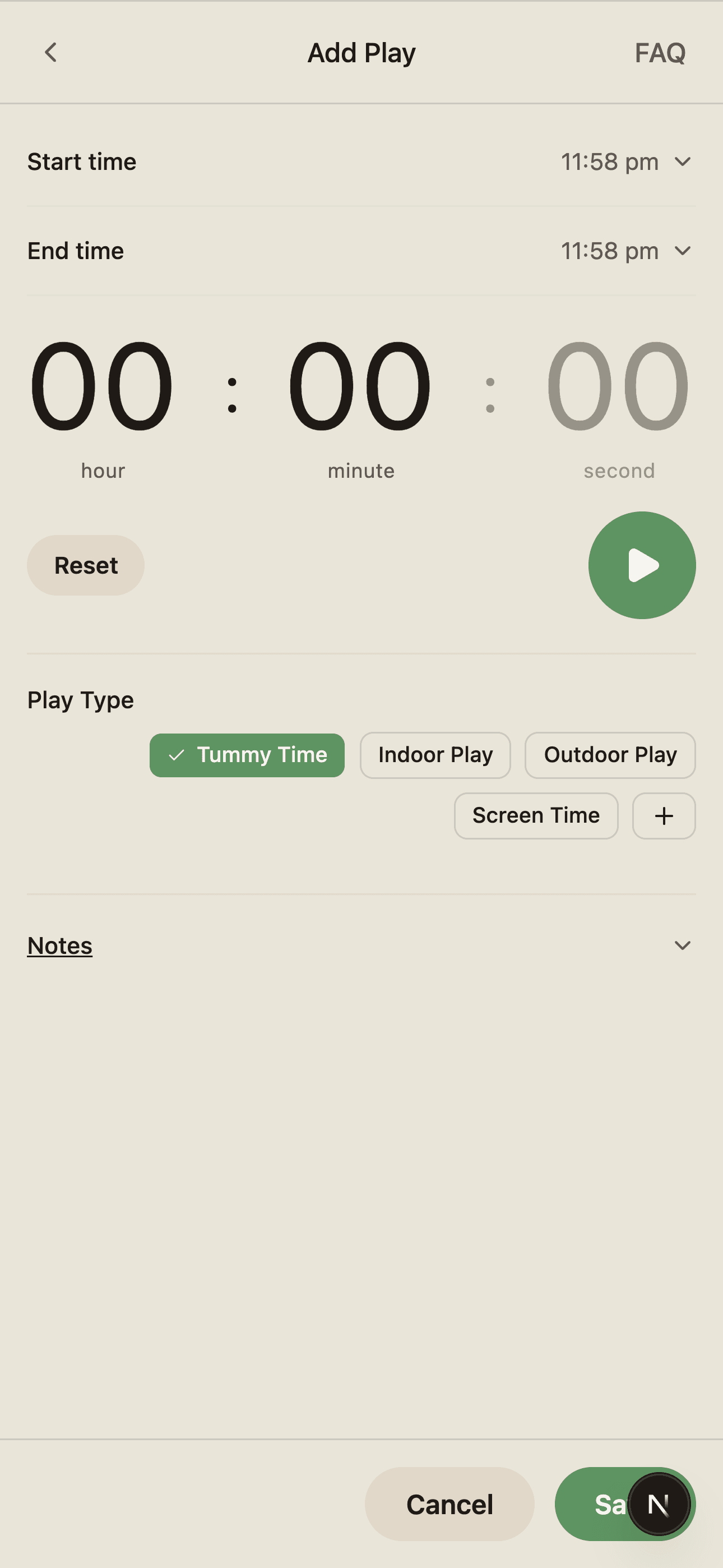BabyLog play log modal with type and duration controls