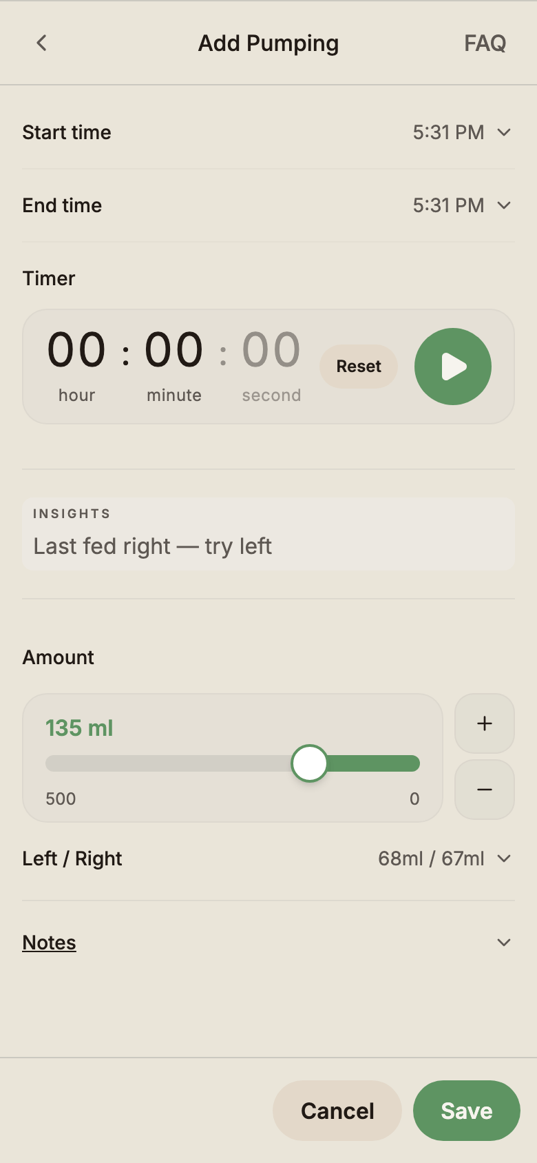 Pumping modal showing left/right volume split and total.