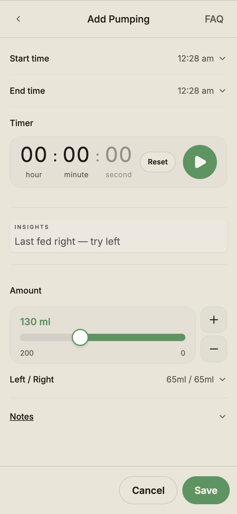 Pumping modal showing left/right volume split and total.