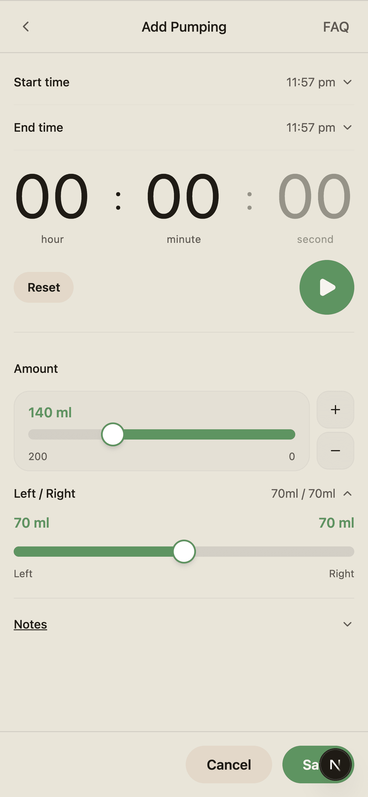 BabyLog pumping log modal with side selection and amount