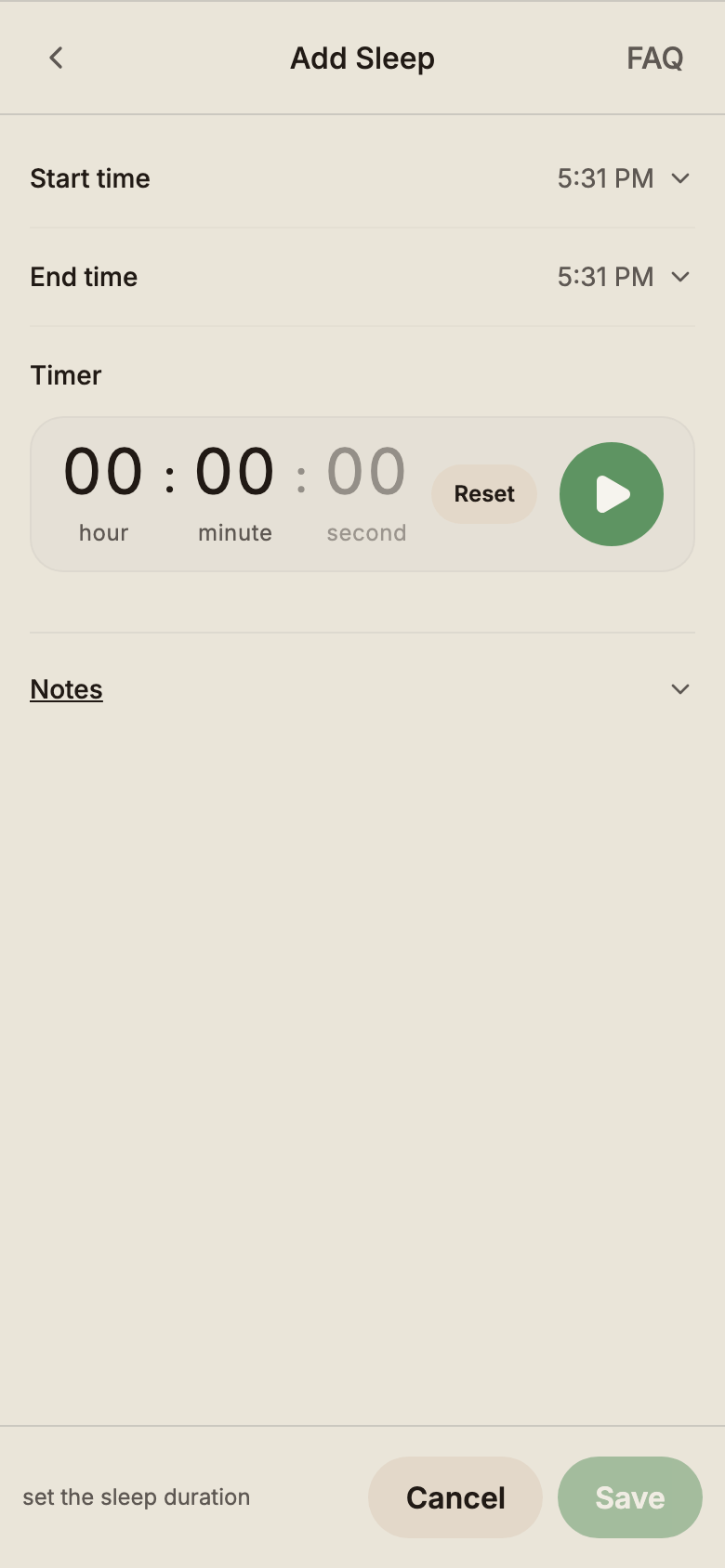 Sleep modal showing start and end timestamps with calculated duration.