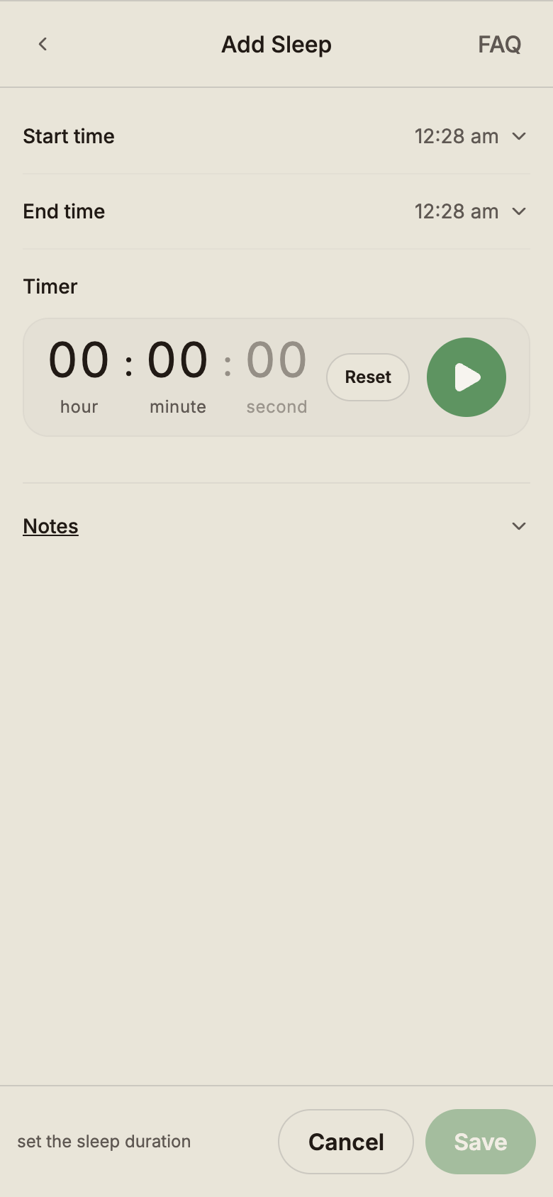 Sleep modal showing start and end timestamps with calculated duration.